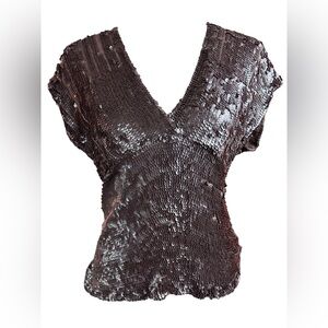 DKNY Donna Karen 100% Silk Brown VNeck Sequin Dolman Kimono Sleeve Top Vintage 8